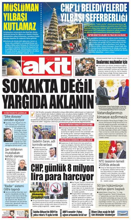 26 Aralık 2025 Yeni Akit Gazetesi Manşetleri