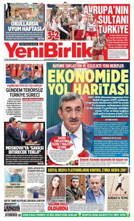 07 Eylül 2026 Yeni Birlik Gazetesi Manşetleri