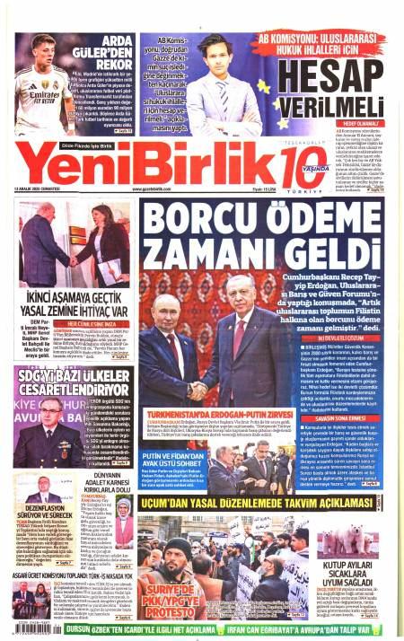 13 Aralık 2025 Yeni Birlik Gazetesi Manşetleri