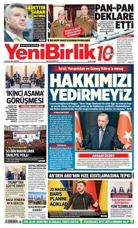 26 Aralık 2025 Yeni Birlik Gazetesi Manşetleri