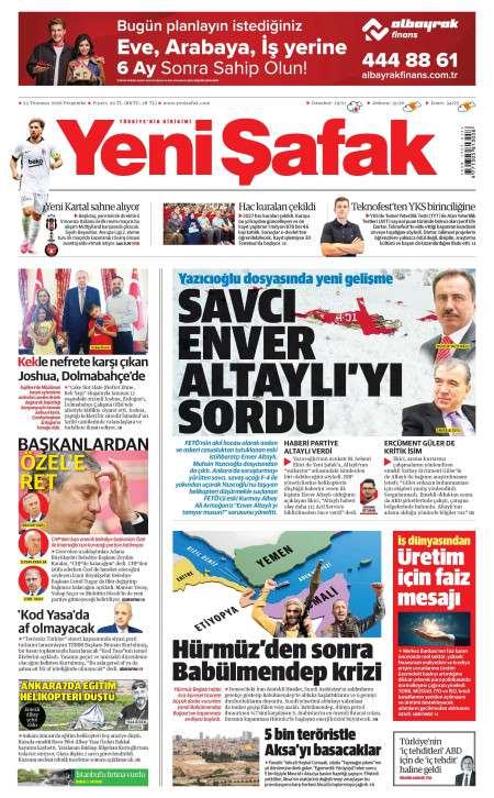 23 Temmuz 2026 Yeni Şafak Gazetesi Manşetleri