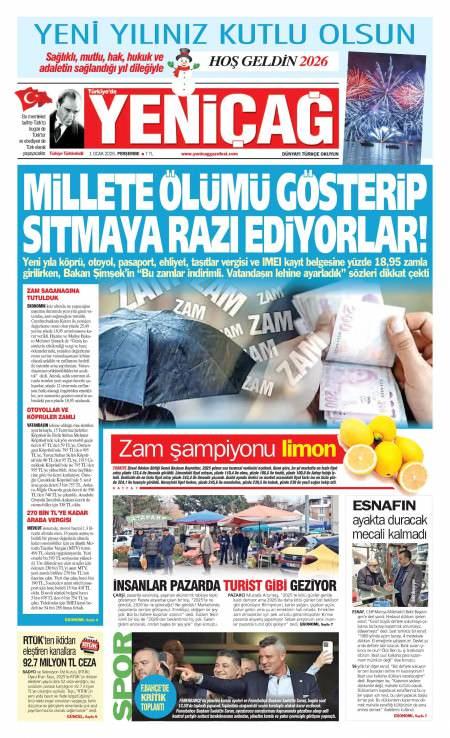 01 Ocak 2026 Yeni Çağ Gazetesi Manşetleri